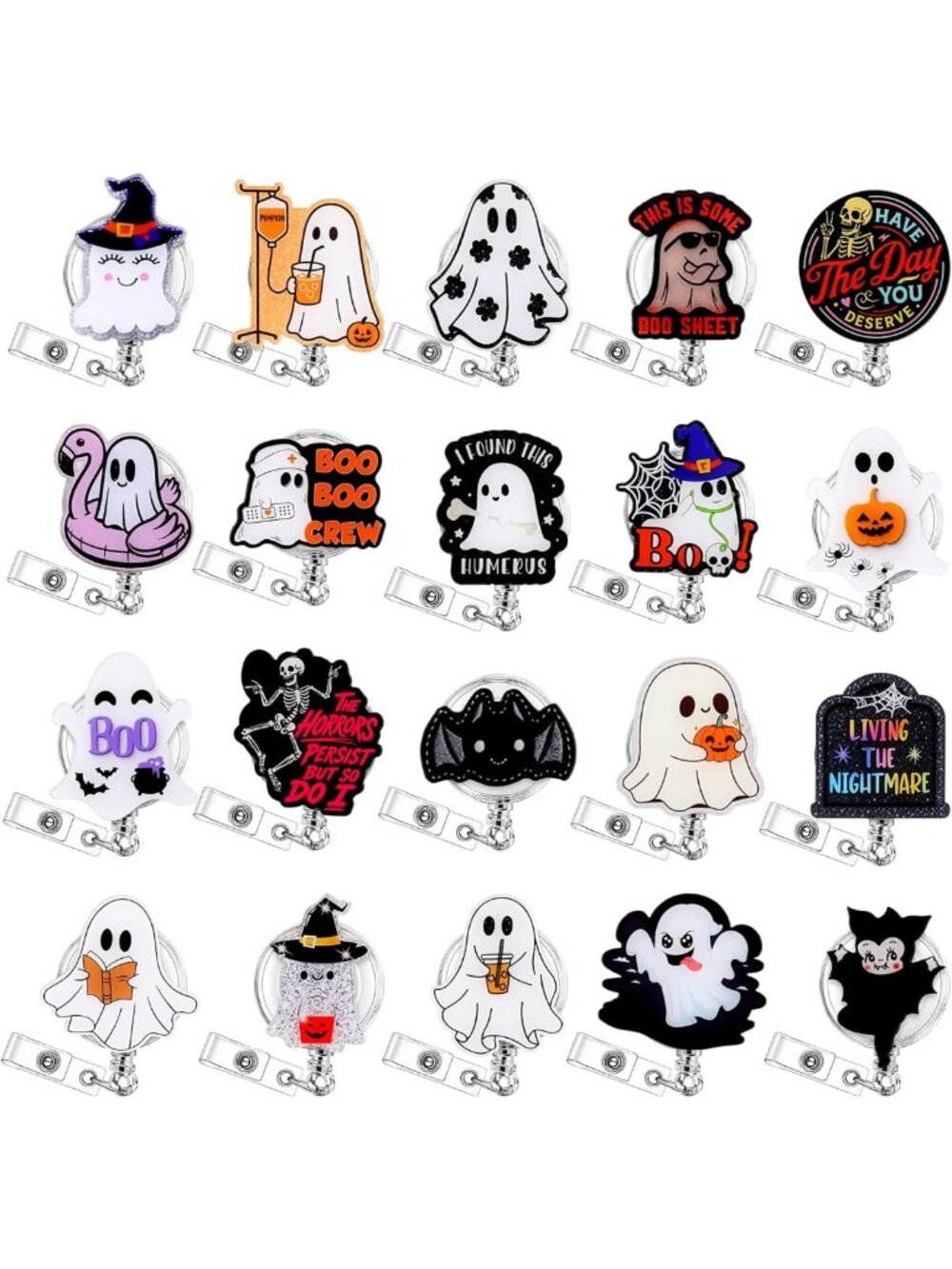 20 Pcs Funny Halloween Ghost Nurse Badge Reels - Retractable Clip Set
